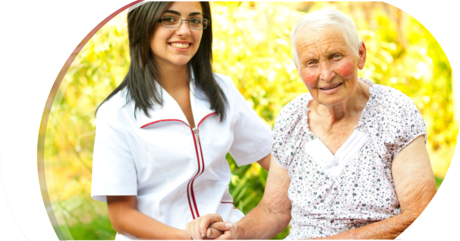 caregiver and elderly woman smiling